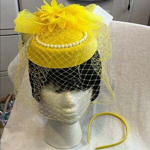 Yellow Fascinator with Veil, Pearl and Floral Accents